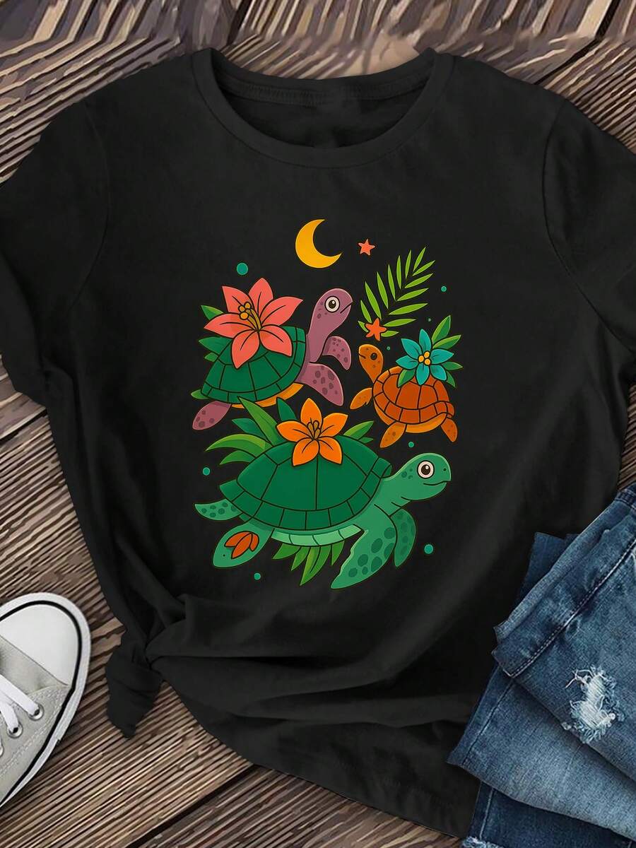 Women's Casual Top. Short-Sleeved Athletic T-Shirt With A Floral And Turtle Print, Round Neck, Regular Length, Casual Short-Sleeved Top. A Must-Have For Everyday Casual Wear. - 黑色 - 查看 1