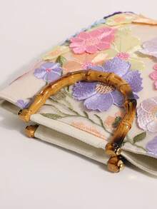 Fashionable Colorful Sequin Contrast Mesh Embroidered Jacquard Elegant Lady Bamboo Handle Tote Bag, Linen Handbag For Party & Holiday, Floral Pattern Randomly Sent - Beige - View 8