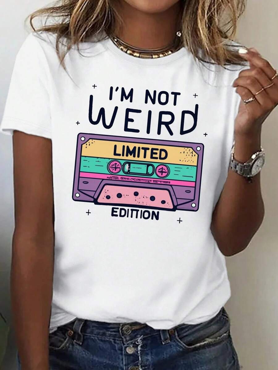 Women's Summer Short Sleeve T-Shirt With Retro Phonograph Print I'm Not Weird, Comfortable And Casual, Crew Neck - Unisex Loose Fit Cotton Short Sleeve Crew Neck T-Shirt In Urban Vintage Style. - 白色 - 查看 1