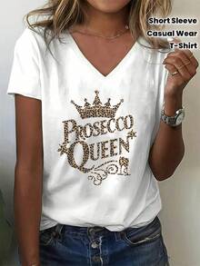 Women's White V-Neck T-Shirt With "Queen Of Prosecco And Champagne" Print - Casual Short Sleeve Top For Hen Parties, Weddings Or Italian Themed Events - Machine Washable Size B2 (Spring, Summer, Autumn) - Gold Shirt With Champagne Style Lettering, 2D Flat - 白色 - 查看 1