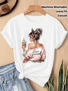 Plus Size Women's Blouse, Stretchy, Short Sleeve, And Compatible With Tops - Soft Round Neck Blouse Suitable For Parties, Gifts, And Casual Wear, Machine Washable Loose-Fitting Sports T-Shirt With Cartoon Character Print (Not See-Through) - 白色 - 查看 1