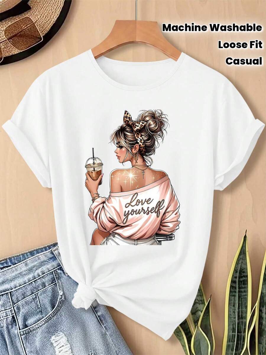 Plus Size Women's Blouse, Stretchy, Short Sleeve, And Compatible With Tops - Soft Round Neck Blouse Suitable For Parties, Gifts, And Casual Wear, Machine Washable Loose-Fitting Sports T-Shirt With Cartoon Character Print (Not See-Through) - 白色 - 查看 1