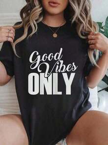 Short-Sleeved T-Shirt, 100% Cotton, With Positive Messages And Inspirational Phrases For Men And Women, Graphic Print T-Shirts, Short-Sleeved T-Shirt With Round Neck, Casual Style, Suitable For All Seasons, Cotton Summer Clothing For Women. Leisure - 黑色 - 查看 1