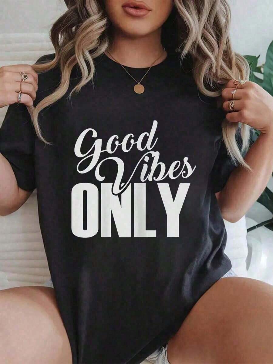 Short-Sleeved T-Shirt, 100% Cotton, With Positive Messages And Inspirational Phrases For Men And Women, Graphic Print T-Shirts, Short-Sleeved T-Shirt With Round Neck, Casual Style, Suitable For All Seasons, Cotton Summer Clothing For Women. Leisure - 黑色 - 查看 1