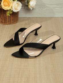 Women Heel Pointed Peep Open Toe Slip On Sexy Heeled Sandals Low Heel Mules For Party Wedding Summer - Black - View 5