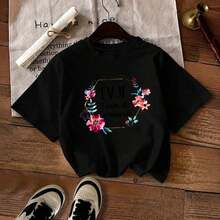GiftWomen's EVJ Team De La Mariée Casual Round Neck T-Shirt With Floral Print - Green With Colorful Flowers, Short Sleeve, All Seasons Wear, Perfect For Weddings Or Casual Outfits, Soft - 黑色 - 查看 1
