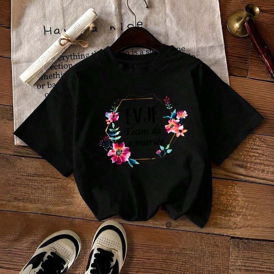 GiftWomen's EVJ Team De La Mariée Casual Round Neck T-Shirt With Floral Print - Green With Colorful Flowers, Short Sleeve, All Seasons Wear, Perfect For Weddings Or Casual Outfits, Soft - 黑色 - 查看 1