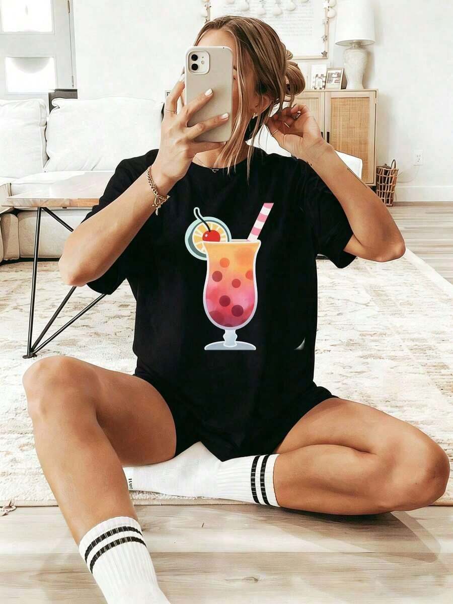 Premium100% Cotton Wo's Y2K Loose-Fitting T-Shirt And Matching Shorts/Socks Set, Suitable For Summer Vacation Wear-Soft,, Loose-Fitting Round-Neck Short-Sleeve Top With Tropical Cocktail Print-Casual Beachwear For Home, Hawaiian Luau Party AttireGift Idea - 黑色 - 查看 1