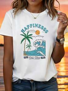 Coconut Trees, Waves And Sunset Elements Combined With The Slogans "Happiness" And "Relaxing Atmosphere"; Printed With The "Chill Vibes" Pattern, Women's Plus Size Casual Round Neck Fashion T-Shirt For Spring-Summer, Ideal For Daily Wear, Shopping And Meetings. - 白色 - 查看 7