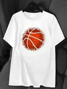 Basketball Print T-Shirt. Available In 6 Colors, Short Sleeves, Crew Neck, High-Stretch Casual Sports Top. Machine Washable. Suitable For Spring And Summer. Can Be Worn In All Seasons. Women's Clothing. Elegant Party Outfit, T-Shirt For Elegant Ladies, Blouses Suitable For Curvy Women, Casual Wear, Cool And Sweat-Free Summer Wear, Fun Letter Print. - 白色 - 查看 1