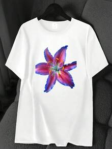 T-Shirt With A 6-Petal Floral Print. Available In 6 Colors, Short Sleeves, Round Neck, High-Stretch Casual Sports Top. Machine Washable. Suitable For Spring And Summer. Can Be Worn In All Seasons. Women's Clothing. Elegant Party Outfit, T-Shirt For Stylish Ladies, Blouses Suitable For Curvy Women, Casual Wear, Cool And Breathable Summer Wear, Fun Letter Print. - 白色 - 查看 6