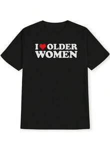 Black Crew Neck T-Shirt With Red Heart Print "I LOVE", Casual Short Sleeve T-Shirt For Women, Spring/Summer. Women's Blouses > Clothing - 黑色 - 查看 4