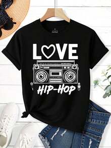 Soft, 100% Cotton Women's T-Shirt With A Crew Neck, Short Sleeves, And A Printed Design. This Casual Urban Style T-Shirt Features A Boombox And Microphone Design In A Love Hip Hop Style, Perfect For Summer And The Beach. A Great Gift For Music Lovers. Suitable For Christmas Parties, Sports Activities, Holiday Parties, Outings, And Other Festive Occasions (220g). This Breathable Cotton T-Shirt Goes With Everything. - 黑色 - 查看 2