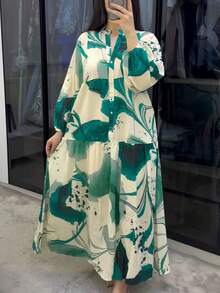 Women's Casual Maxi Dress, V-Neck With Abstract Print And Long Sleeves, Multiple Colors Available, Summer And Beach Dress - Green - View 1