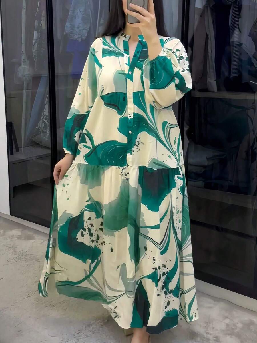 Women's Casual Maxi Dress, V-Neck With Abstract Print And Long Sleeves, Multiple Colors Available, Summer And Beach Dress - Green - View 1