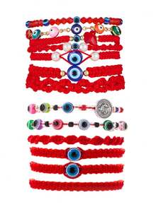 6-7pcs/Set Evil Eye Red Braided Bracelet Set, Adjustable Protection Rope Bracelet With Beads And Faux Pearls, Stackable Good Luck Jewelry For Women - Multicolor - View 11