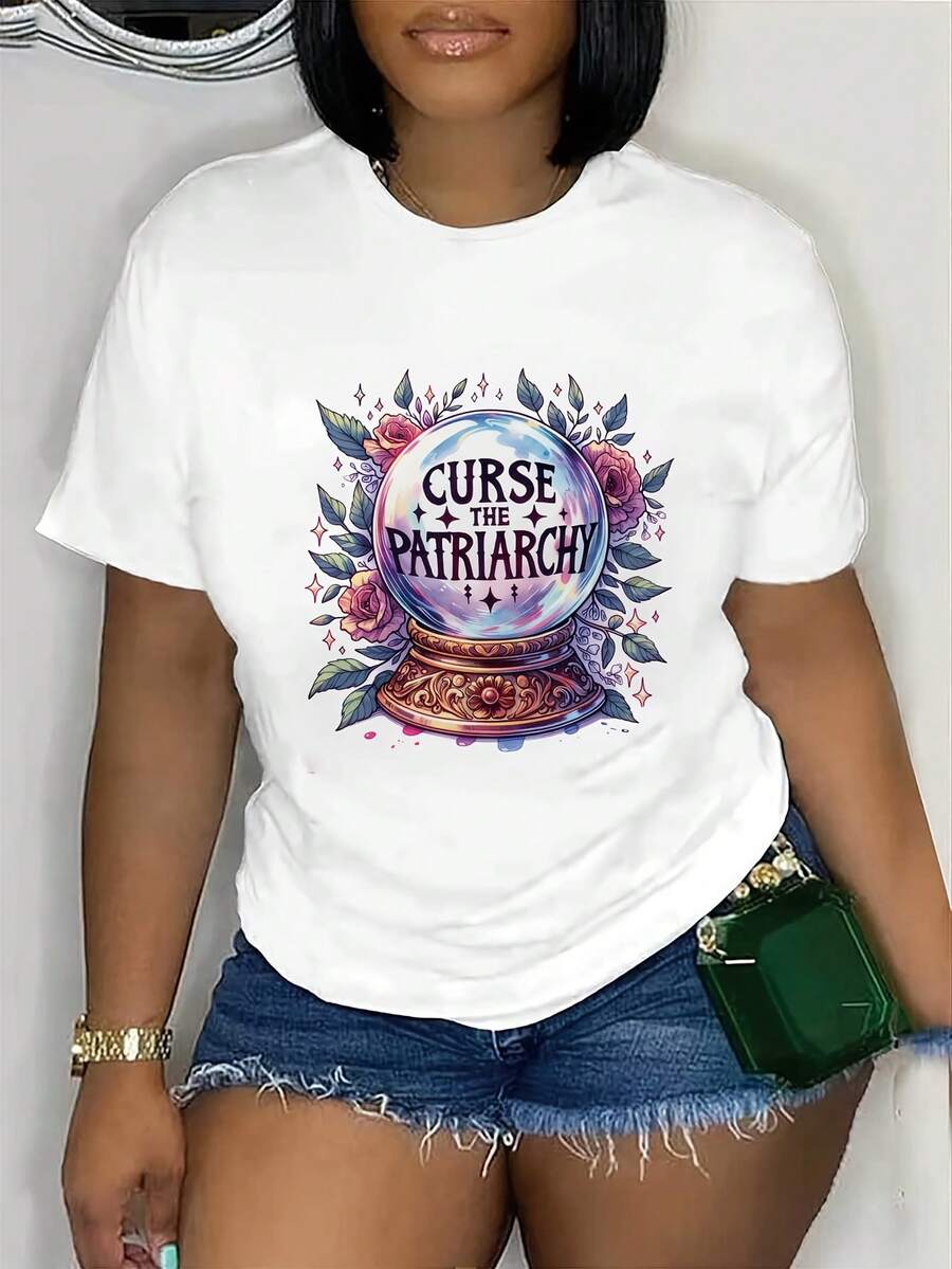 Women's Black T-Shirt With "Curse Of The " Graphic - Short Sleeve, Round Neck, Stretch Fabric, Casual Fit, Geometric Design With Roses And Stars, Perfect For Spring/Summer, Ladies' T-Shirts - 白色 - 查看 1