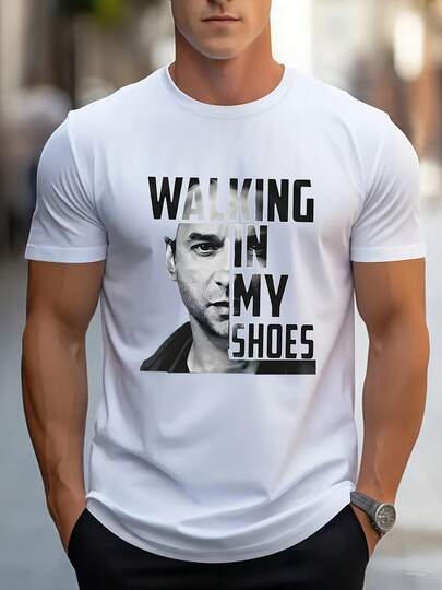 Men'S "Put Yourself In My Shoes" Graphic T-Shirt | Depeche. Stylish Back Print, Breathable, Suitable For All Seasons, Casual Crew Neck, Regular Fit, Geometric Pattern. Comfortable For All Year Round, Unisex, Fun T-Shirt, Everyday T-Shirt
