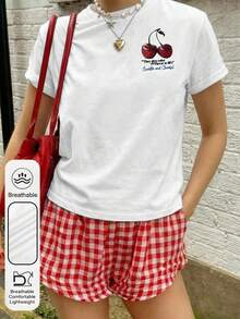 Plus Size Women's Cherry Print Round Neck Short Sleeve Casual Retro Style White T-Shirt, Summer - White - View 3