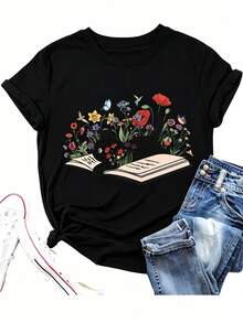 Limited Time Offer, Limited Quantities, Flash ! Women's Casual Shirts, Women's Polyester T-Shirts, Elegant Shirts. Women's Summer T-Shirt: Regular Fit, Crew Neck, With Book, Cat, And Floral Prints. - 黑色 - 查看 3