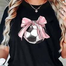 Plus Size Women's Printed Crew Neck T-Shirt, Casual Football Shirt With Bow Print R - Medium Elasticity Breathable Fabric, Crew Neck, Machine Washable, Comfortable For All Seasons And Casual Wear, Sports Fan Clothing, Non-See-Through Material, Workout Clothes, Fashionable Design, Comfortable Fit, Printed T-Shirt, Women's, 100%. - 黑 - 查看 5