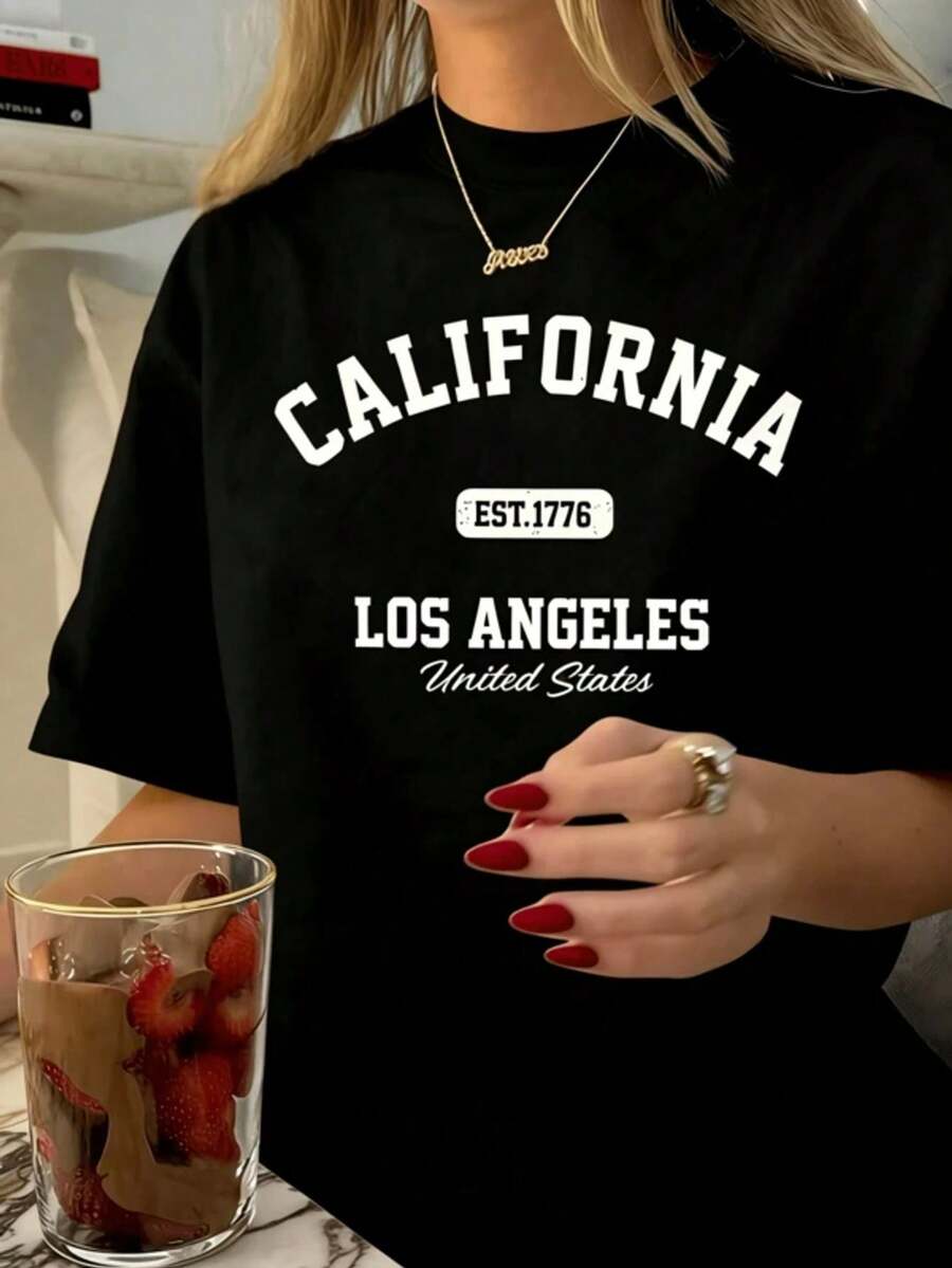 New 2026 T-Shirt With Vintage California Los Angeles Print, Casual Crew Neck, Short Sleeve For Women, Machine Washable - 黑色 - 查看 1