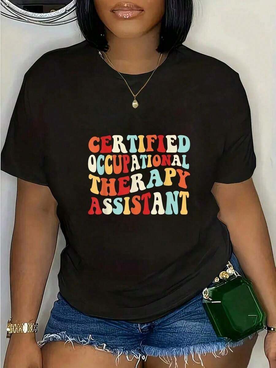 Plus Size, Women's Fun Graphic T-Shirt, Certified For Professional Relaxation, COTA Brand - Modern Black T-Shirt With Colorful Letters, Crew Neck, Short Sleeve, Casual And For Special Occasions, Washable Clothing For Professional Relaxation - 黑色 - 查看 1
