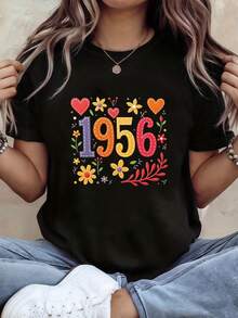 Women's Vintage T-Shirt With Floral And Heart Print, Year Of Birth 1956, Short Sleeve, Round Neck, Casual Style For Spring/Summer, Women's Casual Printed T-Shirt, Short Sleeve And Round Neck, Local Urban Spring/Summer Fashion. - 黑色 - 查看 1