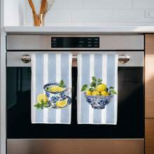 2 buah Handuk Dapur Motif Bunga Biru & Putih Lemon Afternoon Tea, Latar Belakang Bergaris, Handuk Dapur Serat Super Lembut Persegi Panjang, Kain Lap Piring, Kain Pembersih, Handuk Tangan, Handuk Teh untuk Memasak & Memanggang, Dekorasi Dapur, Hadiah Pindah Rumah & Ulang Tahun, Tisu Pembersih Kamar Mandi, Handuk Dekoratif - MultiWarna - View 5