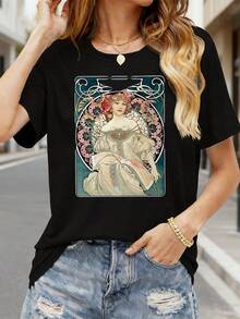 | Exquisite Design | Loose And Comfortable | Easy To Match | Women's Floral Print T-Shirt, Pure Cotton Summer T-Shirt With Round Neck, Casual Short Sleeve Top, Unique Design For Daily Wear, Loose Fit, Breathable And Soft, Vacation Clothes. - 黑色 - 查看 8