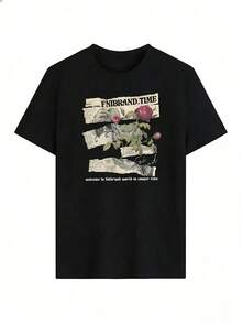 T-Shirt With Rose And Retro Newspaper Design, Fashionable Short-Sleeved T-Shirt For Spring And Summer 2026, Made In Mexico, 180 Grams. Cartoon Print, Couple Design, Suitable For Indoor Or Outdoor Wear. Crew Neck, Unisex, Ideal For Office And Leisure. One-Pack. - BK-P631577SLNDXZGY581 - 查看 2