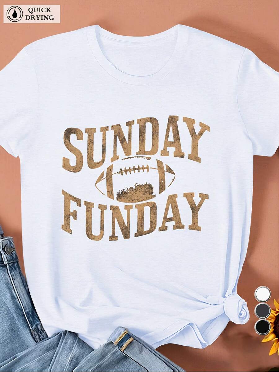 Women's Casual Short Sleeve White Sports T-Shirt With Graphic SUNDAY FUNDAY - Elastic Round Neck T-Shirt, Machine Washable, Comfortable Fit And Perfect For All Seasons, For Leisure. - 白色 - 查看 1