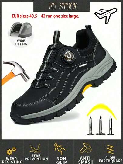 Men's Steel Toe Safety Shoes, Quick Buckle Design, Anti-Smash & Anti-Puncture, Durable Rubber Sole, Industrial & Outdoor Work Shoes (Size Runs Large, Please Choose One Size Smaller)