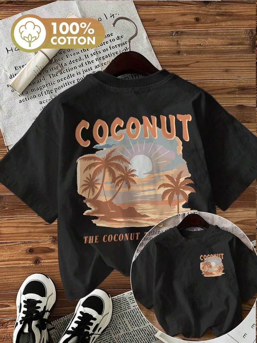 | Exquisite Design | Loose And Comfortable | Easy To Match | [Double-Sided Print] Women's Spring And Summer Top, Pure Cotton Women's T-Shirt, Sunset Coconut Tree Print, Short Sleeve, Vintage Style, Casual, Comfortable, Breathable, For Everyday Wear [Hong Kong] - 黑色 - 查看 1