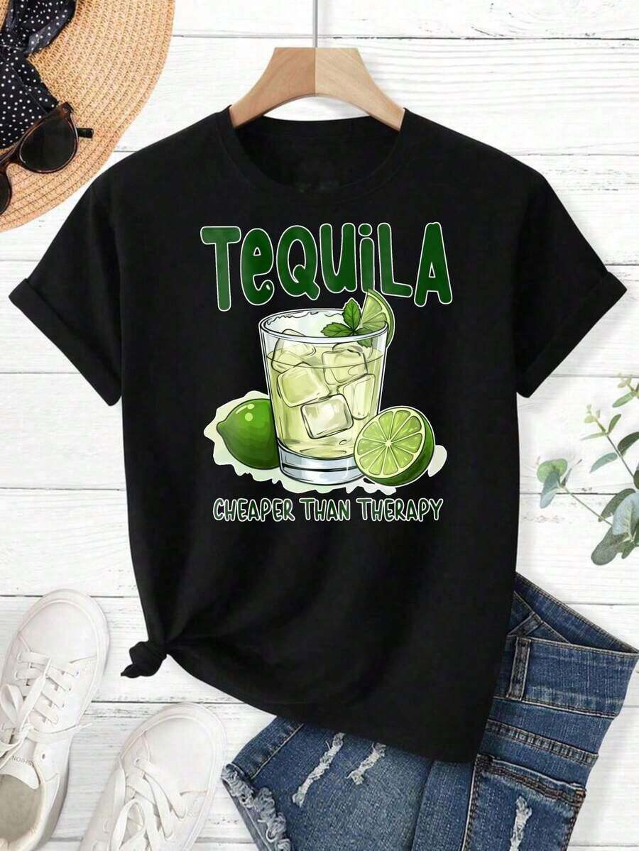 Short-Sleeved T-Shirt With Tequila Cocktail Print With Lime And Ice On A Black Background, Casual Wear, Christmas Gift For Friends, 100% Cotton. - 黑色 - 查看 1