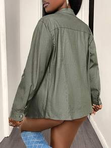 Women's Fashion Denim Blouse With Ruffle Trim Casual - Grey - View 7