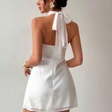 Elegante y delicado vestido camisero con decoración metálica y espalda descubierta, ropa de verano, ropa de playa, ropa de resort, ropa de resort bohemia y tropical, atuendo para conciertos, fiestas rave, festivales de música country, elegante atuendo para citas nocturnas, vestido de verano para mujer, vestido para té de la tarde, vestido blanco de graduación, atuendo de celebración para festivales de música, vestido con espalda descubierta - Celeste - Ver 8