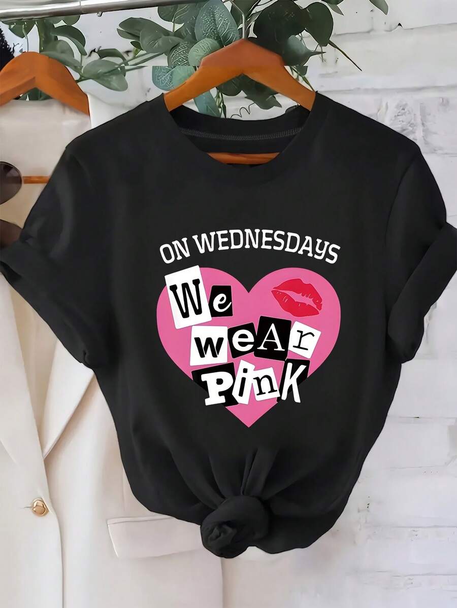 Women's Casual T-Shirt With A Fun Pink Letter Print, Short-Sleeved Loose-Fit T-Shirt, The Perfect Gift For The Holidays - 黑色 - 查看 1