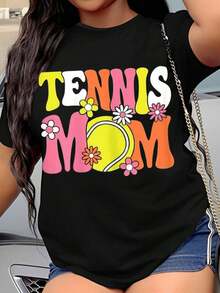 Women's T-Shirt, Tennis Mom T-Shirt, Colorful Floral Design, Casual T-Shirt For Women Who Love Tennis And Sporting Events - 黑色 - 查看 1