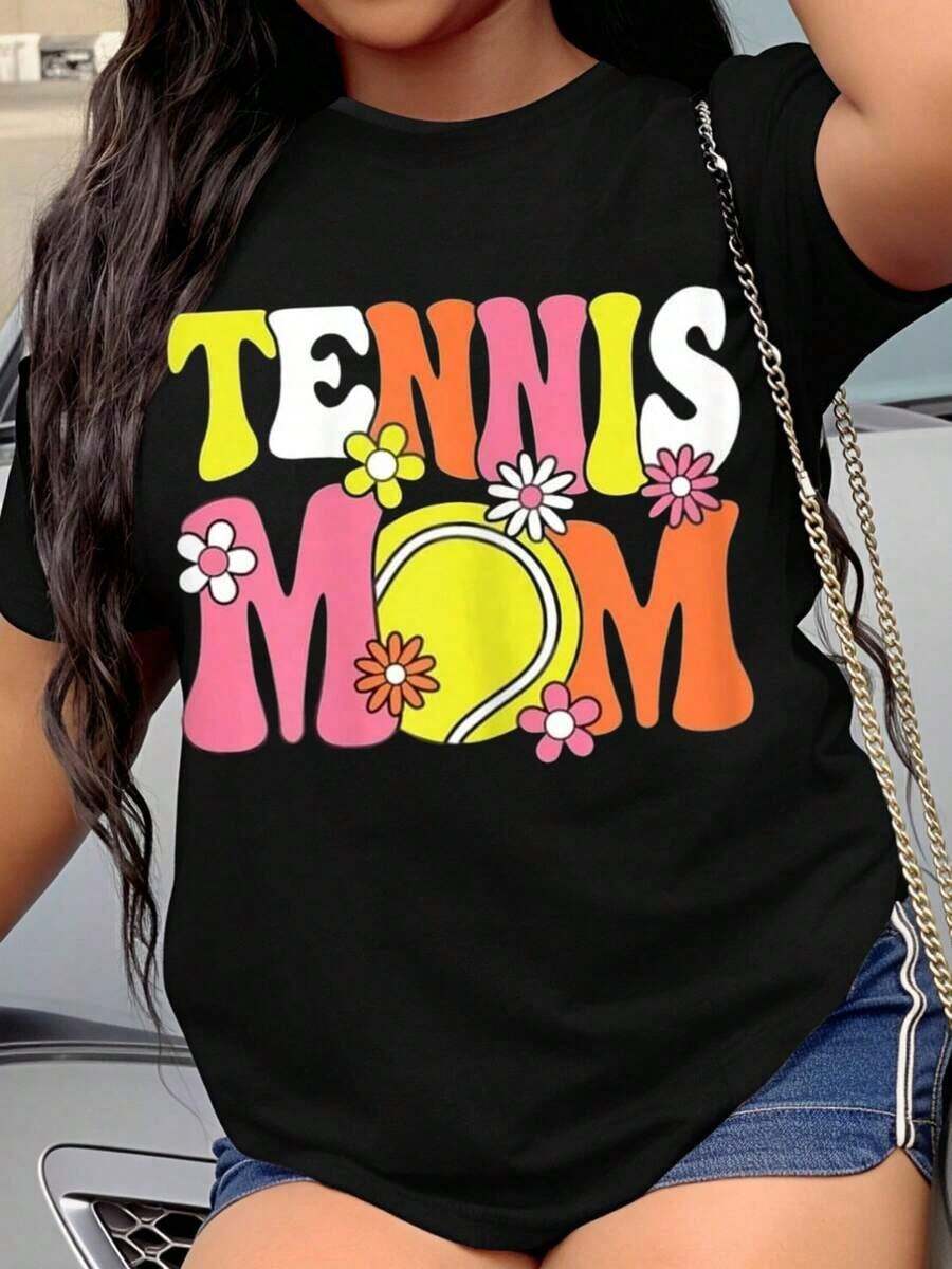 Women's T-Shirt, Tennis Mom T-Shirt, Colorful Floral Design, Casual T-Shirt For Women Who Love Tennis And Sporting Events - 黑色 - 查看 1