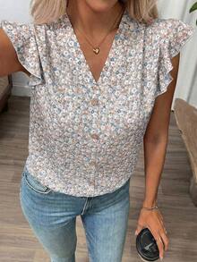 Clasi Blusa de mujer de verano con cuello en V y mangas cortas con estampado floral - Blanco - Ver 7
