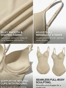 1 pieza Mono sin costuras y sin aros para mujer, con diseño de copa push-up, compresión abdominal y de cintura, tirantes ajustables y diseño de espalda abierta, mono estilo colombiano que resalta las curvas naturales, apto para uso diario, viajes, fitness y vacaciones - Albaricoque - Ver 4