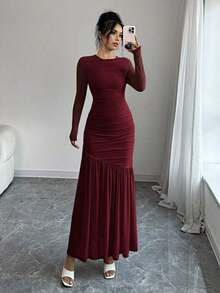 Vestido largo de manga larga con cuello redondo y malla para mujer, vestido casual de otoño.Adecuado para ropa de otoño, atuendo de regreso a clases, atuendo de maestro - Burdeos - Ver 4