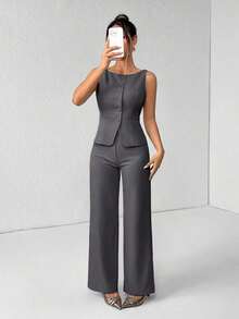 PETITE Conjunto de chaleco y pantalones de un solo pecho de unicolor con cuello redondo, elegante traje de oficina para mujer, ropa de mujer de verano y otoño, conjunto de oficina, ropa casual de negocios, conjunto de dos piezas, ropa de oficina de otoño para mujer, conjunto de blazers para mujer - Gris Oscuro - Ver 5