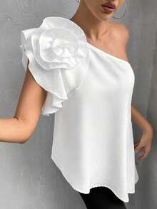 Camiseta asimétrica de verano elegante para mujer con flores 3D, sin mangas y con hombro oblicuo - Blanco - Ver 5