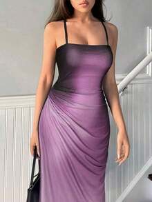 Vestido de tirantes de malla degradado elegante para mujer, de verano - Morado - Ver 5