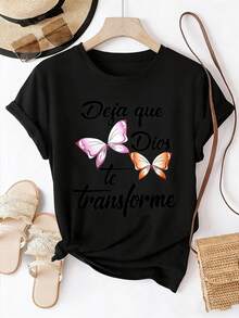 "Let God Transform You" T-Shirt With Christian Butterfly Print For Women, Casual Summer Short Sleeve, Round Neck, Boho Aesthetic And Spanish Religious Style, Urban Clothing - 黑色 - 查看 1