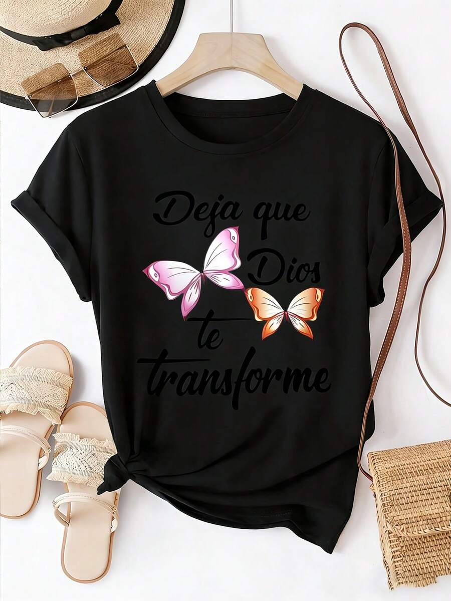 "Let God Transform You" T-Shirt With Christian Butterfly Print For Women, Casual Summer Short Sleeve, Round Neck, Boho Aesthetic And Spanish Religious Style, Urban Clothing - 黑色 - 查看 1