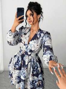 Vestido de mujer talla con cuello en V floral, mangas con pétalos y dobladillo con doble volante - Multicolor - Ver 5