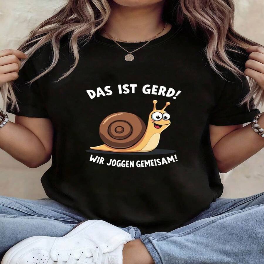 Camiseta informal de algodón de manga corta con cuello redondo y estampado divertido de caracol para mujer, ideal para uso diario. Top corto y cómodo. - Negro - Ver 1